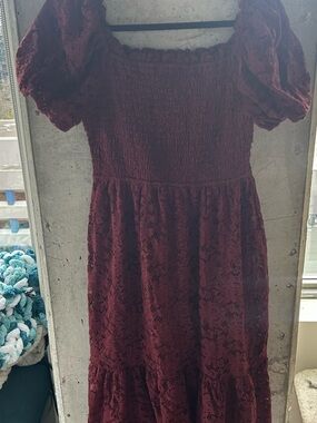 LC Lauren Conrad Burgundy Lace Midi Dress with Puff Sleeves